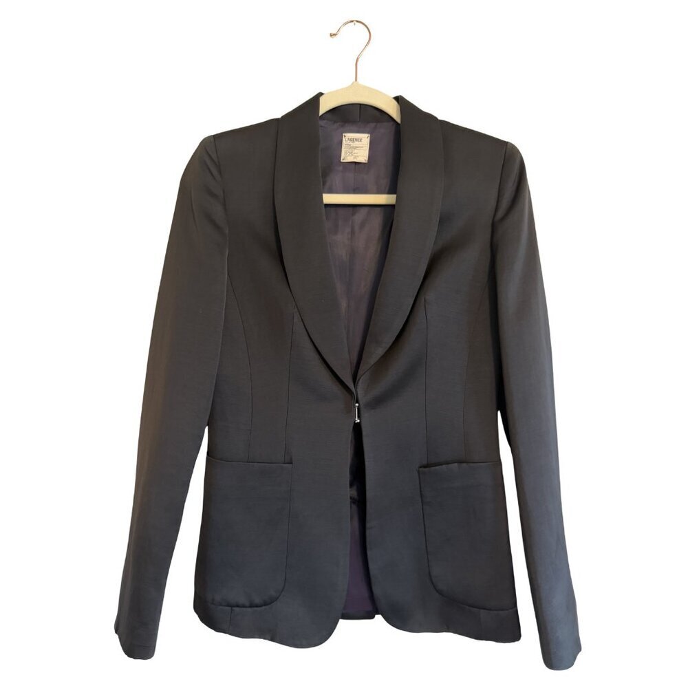 L’AGENCE Acetate Linen Blazer Jacket Black w/ Purple Lining Tailored Size 2